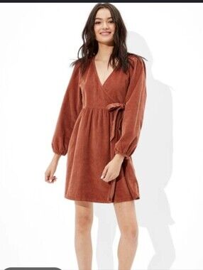American Eagle Dress NWT Sz XS Burgundy Corduroy Mini Summer Flowy Long Sleeve